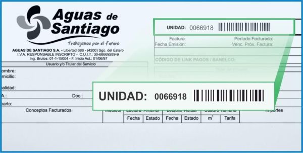 Ubicación del número de unidad en una factura de Aguas de Santiago