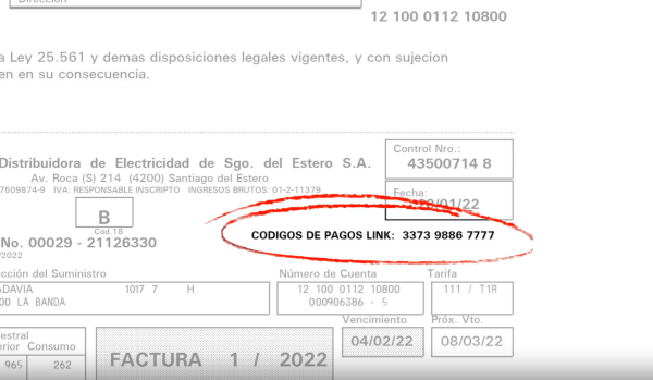 Ubicación del código Link Pagos en una factura de Edese